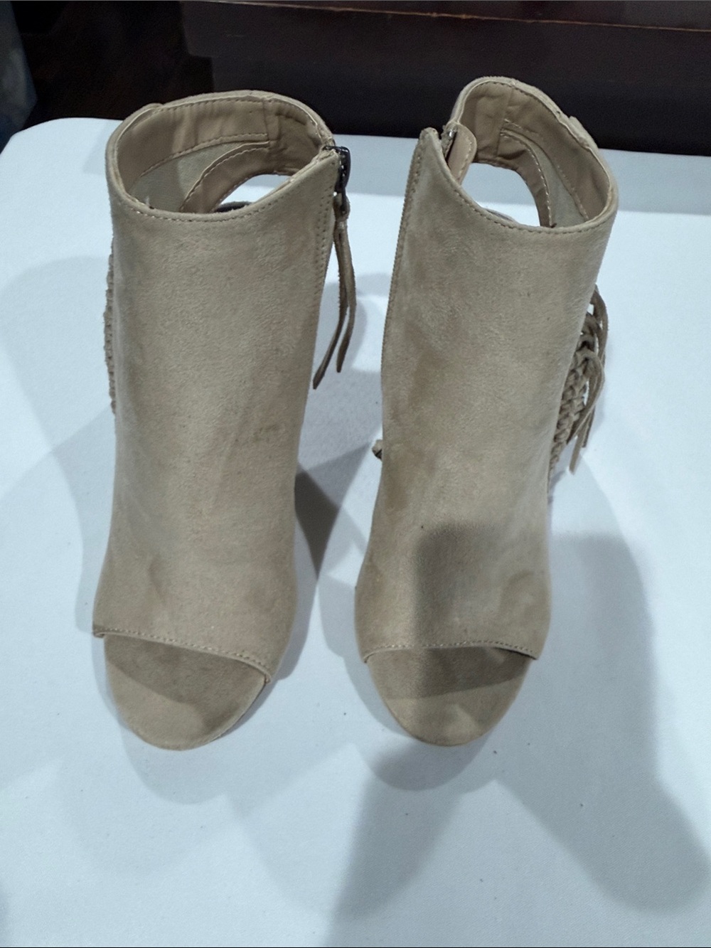 Women's Beige Suede Peep-Toe Heeled Ankle Boots